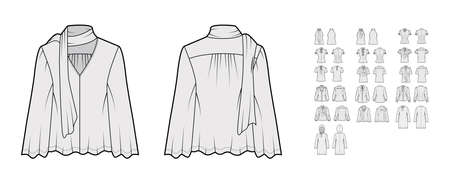 Set of pussy bow blouses, shirts technical fashion illustration with fitted oversized body, short elbow long sleeves. Flat tops apparel template front, back, grey color. Women, men unisex CAD mockupのイラスト素材