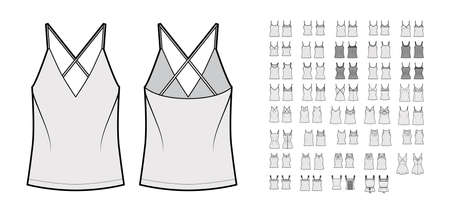 Set of camisole tops, shirts, tanks, blouses technical fashion illustration with wide narrow shoulder straps, fitted oversized body. Flat apparel template front, back, grey color. Women men CAD mockupのイラスト素材