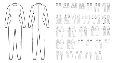 Set of jumpsuits overall technical fashion illustration with mini midi knee ankle length, long sleeves, straps, strapless, pockets. Flat front, back, white color style. Women, men unisex CAD mockupのイラスト素材