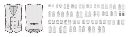 Set of vests waistcoat technical fashion illustration with sleeveless, pockets, fitted oversized body. Flat casual top apparel template front, back, grey color style. Women, men, unisex CAD mockupのイラスト素材