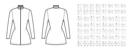 Set of sport Dresses technical fashion illustration with long short elbow sleeves, pouch, oversized fitted body, hoody collar. Flat apparel front, back, white color style. Women men, unisex CAD mockupの写真素材