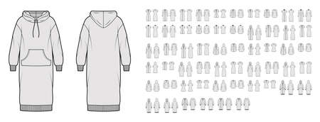 Set of casual Dresses technical fashion illustration with long short elbow sleeves, turtleneck hoody, knee modi mini length skirt. Flat apparel front, back, grey color style. Women unisex CAD mockupの写真素材