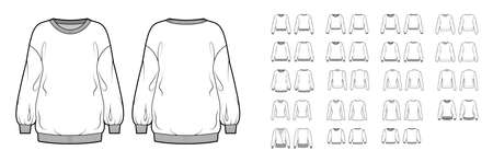Set of sweatshirts technical fashion illustration with fitted oversized fitted, crew V- neckline, long elbow sleeves. Flat jumper apparel template front, back white color. Women, men unisex CAD mockupのイラスト素材