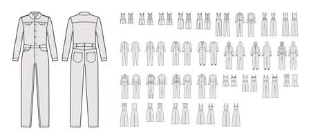 Set of jumpsuits overall technical fashion illustration with mini midi knee ankle length, long sleeves, straps, strapless, hoody. Flat front, back, grey color style. Women, men, unisex CAD mockupのイラスト素材