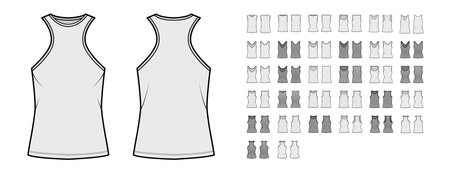 Set of tanks tops, shirts technical fashion illustration with fitted racerback, oversized body, scoop V-neck, sleeveless. Flat apparel template front back grey color style. Women men unisex CAD mockupのイラスト素材