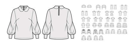 Set of blouses key-hole back closure tops, shirts, technical fashion illustration with fitted oversized body, short long sleeves. Flat apparel template front, grey color. Women, men unisex CAD mockupのイラスト素材