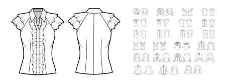 Set of flared shirts, blouses technical fashion illustration with bow, tiered, frilled details, fitted oversized body. Flat tops apparel template front, back, white color. Women, men unisex CAD mockupのイラスト素材