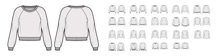 Set of sweatshirts technical fashion illustration with fitted oversized fitted body, crew V- neckline, long elbow sleeves. Flat jumper apparel template front, back, grey color. Women, men, top mockupのイラスト素材