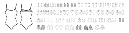 Set of bodysuits technical fashion illustration with fitted knit body, long sleeves, sleeveless, turtleneck. Flat outwear apparel template front, back, white color style. Women, men, unisex CAD mockupのイラスト素材