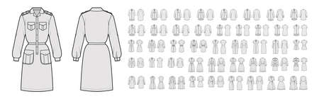 Set of Dresses Shirt wrap technical fashion illustration with long short elbow sleeves, knee mini length skirt, button closure. Flat apparel front, back, grey color style. Women men unisex CAD mockupの写真素材