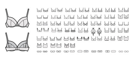 Bra lingerie technical fashion illustration with full adjustable shoulder straps, molded cups, hook-and-eye closure. Flat brassiere front, back white color style. Women men unisex underwear CAD mockupのイラスト素材