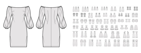 Set of Dresses evening wedding technical fashion illustration with tube off-the-shoulder neckline, knee mini maxi midi length skirt. Flat apparel front, back, grey color style. Women unisex CAD mockupのイラスト素材