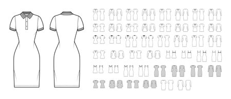 Set of Dresses mini knee length casual technical fashion illustration with long short elbow sleeves, oversized fitted body. Flat apparel front, back, white color style. Women men unisex CAD mockupのイラスト素材