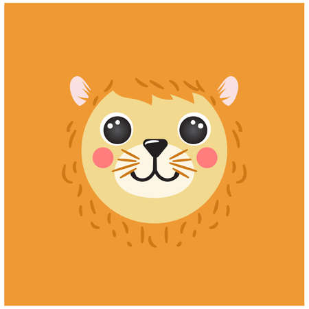 Lion Cute portrait square shape smiley head cartoon round animal face, isolated vector icon illustration. Flat simple character for app, Ui, GUI, kids poster, t-shirts, baby clothes, birthday cardsのイラスト素材