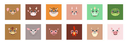 Animals Square faces Set Chinese Zodiac Twelve Signs portraits Icons Cute cartoon illustration flat vector avatars rat, ox, tiger, rabbit, dragon, snake, horse, goat isolated for UI, app, kids posterのイラスト素材