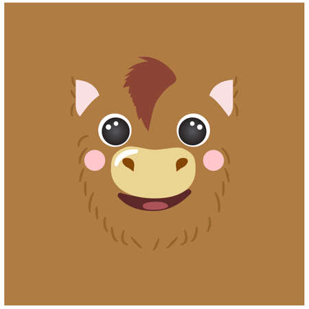 Cute horse portrait square smiley head cartoon round shape animal face, isolated pony avatar vector icon illustration. Flat character simple hand drawn for kids poster, cards, t-shirts, baby clothesのイラスト素材