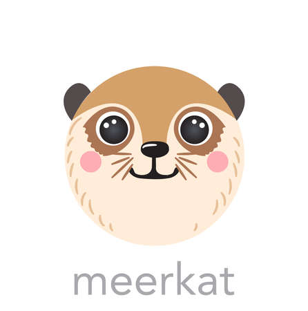 Meerkat Cute portrait with name text smiley head cartoon round shape animal face, isolated vector icon illustrations on white background. Flat simple hand drawn for kids poster, cards, t-shirts, babyのイラスト素材