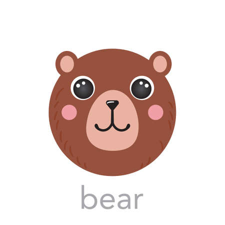 Bear Cute portrait with name text smiley head cartoon round shape animal face, isolated vector icon illustrations on white background. Flat hand drawn for kids poster, mobile, t-shirts, baby clothesのイラスト素材