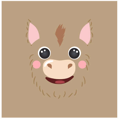 Cute donkey portrait square smiley head cartoon round shape animal face, isolated vector icon illustration. Flat avatar funny farm simple hand drawn for kids poster, cards, t-shirts, baby clothesのイラスト素材