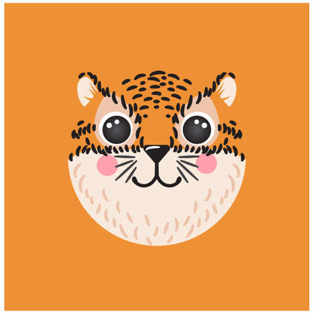Tiger Cute portrait square smiley head cartoon round shape animal face, isolated vector icon illustration. Flat simple hand drawn for UI, app, mobile kids poster, cards, t-shirts, baby clothesのイラスト素材