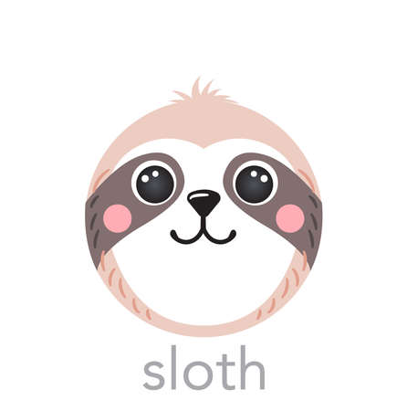 Sloth Cute portrait with name text smiley head cartoon round shape animal face, isolated vector icon illustrations on white background. Flat simple hand drawn for kids poster, t-shirts, baby clothesのイラスト素材