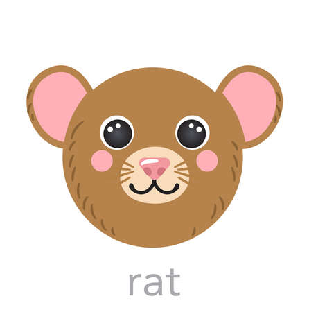 Rat Cute portrait with name text smile head cartoon mouse avatar round shape animal face, isolated vector icon illustrations. Flat simple hand drawn for kids poster, cards, t-shirts, baby clothesのイラスト素材