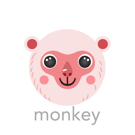 Cute monkey Japanese portrait avatar with name text smile head cartoon round shape animal face, isolated vector icon illustrations. Flat simple hand drawn for kids poster UI, t-shirts, baby clothesのイラスト素材