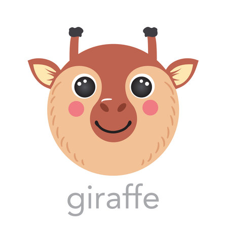 Giraffe Cute portrait with name text smile head cartoon round shape animal face, isolated vector icon illustrations on white background. Flat simple hand drawn for kids cards, t-shirts, baby clothesのイラスト素材