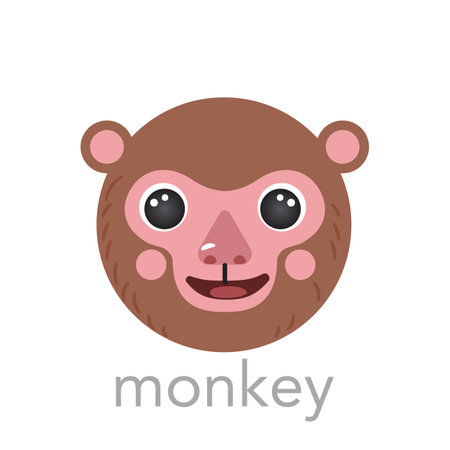 Monkey Cute portrait with name text smile head cartoon round shape animal face, isolated vector icon illustrations on white background. Flat simple hand drawn for kids poster, cards, t-shirts, babyのイラスト素材