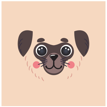 Dog Cute pug portrait square smile mascot head cartoon round shape animal face, isolated vector icon illustration. Flat beige character simple hand drawn for kids poster, t-shirts, baby clothesのイラスト素材