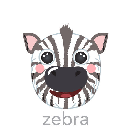 Zebra Cute portrait with name text smile head cartoon avatar round shape animal face, isolated vector icon illustrations on white background. Flat simple hand drawn for kids poster, ui app, babyのイラスト素材