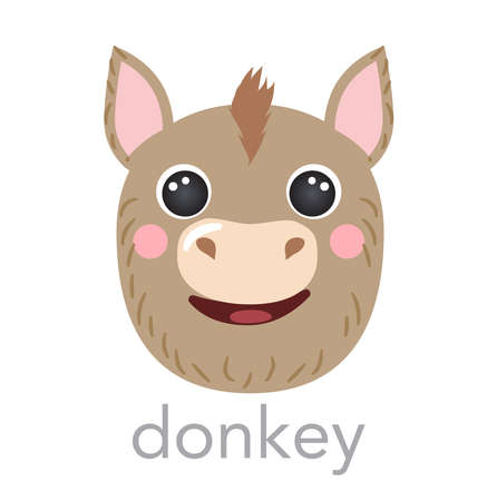 Donkey Cute portrait with name text smile head cartoon round shape animal face, isolated avatar vector icon illustrations on white background. Flat simple hand drawn for kids poster, t-shirts, babyのイラスト素材