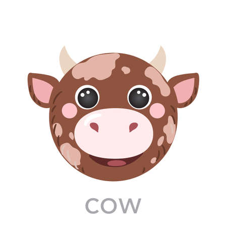 Cow Cute portrait with name text smile head farm avatar cartoon round shape animal face, isolated vector icon illustrations. Flat simple hand drawn for kids poster, UI app, t-shirts, baby clothesのイラスト素材