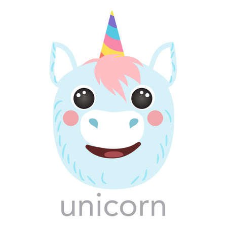 Unicorn blue Cute portrait smile head cartoon round shape animal face, isolated vector icon illustrations on white background. Flat simple hand drawn for kids poster, cards, t-shirts, baby clothesのイラスト素材