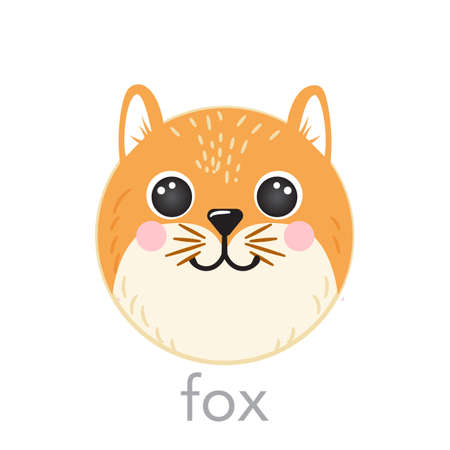 Fox Cute portrait with name text smile head cartoon round shape animal face, isolated vector icon illustrations on white background. Flat simple hand drawn for kids poster, t-shirts, baby clothesのイラスト素材