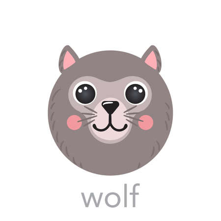 Wolf Cute portrait with name text smile head cartoon round shape avatar animal face, isolated vector icon illustrations on white background. Flat drawn for kids poster, UI app, t-shirts, baby clothesのイラスト素材