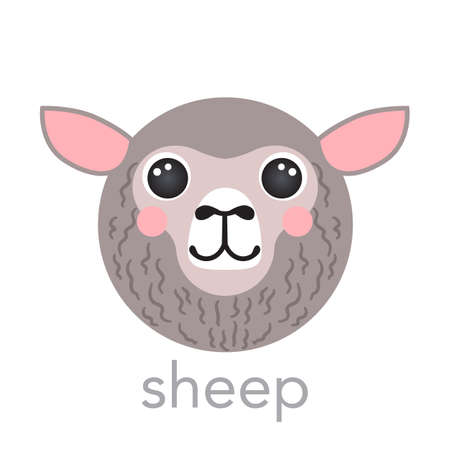 Sheep Cute portrait with name text smile head cartoon round shape animal face, isolated lamb avatar vector icon illustrations on white background. Flat simple hand drawn for kids poster, baby clothesのイラスト素材