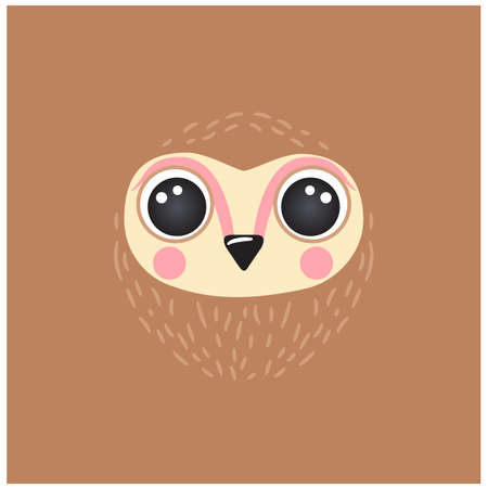 Cute owl portrait square smile head cartoon round shape animal face, isolated bird mascot avatar vector icon illustration. Flat simple hand drawn for kids poster, UI app, t-shirts, baby clothesのイラスト素材