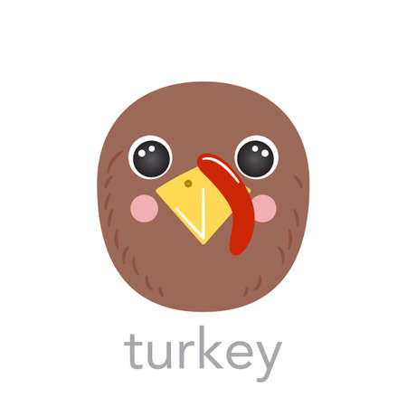 Turkey Cute portrait with name text smile head cartoon avatar round shape animal face, isolated vector icon illustrations. Flat simple hand drawn for kids poster, UI app cards, t-shirts, baby clothesのイラスト素材