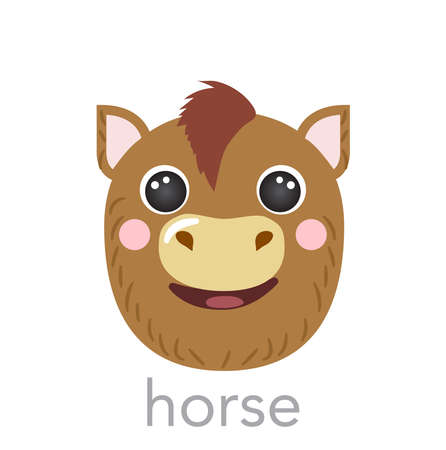 Horse Cute portrait with name text smile head cartoon round shape pony animal face, isolated vector icon illustrations on white background. Flat simple for kids poster, cards, t-shirts, baby clothesのイラスト素材