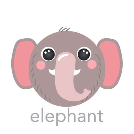 Elephant Cute portrait with name text smile head cartoon round shape animal face, isolated vector icon illustrations on white background. Flat simple hand drawn for kids poster, cards, t-shirtsのイラスト素材