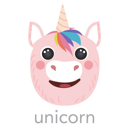 Unicorn pink Cute portrait with name text smile head cartoon round shape animal face, isolated vector icon illustrations. Flat simple avatar hand drawn for kids poster, cards, t-shirts, baby clothesのイラスト素材