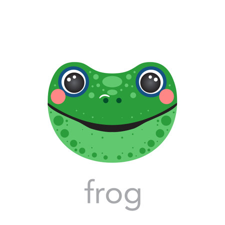 Frog Cute portrait with name text smile head cartoon round shape animal face, isolated avatar vector icon illustrations on white. Flat simple hand drawn for kids poster, cards, t-shirts, baby clothesのイラスト素材