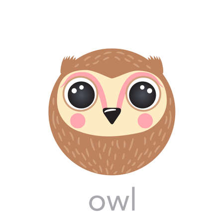 Owl Cute portrait with name text smile head cartoon round shape animal bird face avatar, isolated vector icon illustration. Flat simple hand drawn for kids poster, UI app avatar, t-shirts, babyのイラスト素材