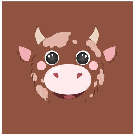 Cute cow portrait square smile head cartoon round shape farm avatar animal face, isolated vector icon illustration. Flat character simple hand drawn for kids poster, cards, t-shirts, baby clothesのイラスト素材