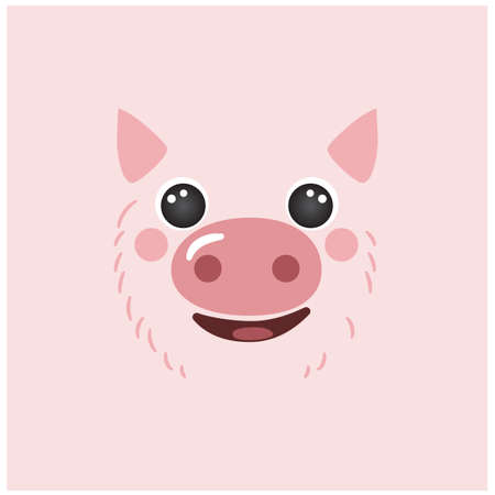 Cute pig portrait square smile head cartoon round shape pink avatar mascot animal face, isolated vector icon illustration. Flat simple hand drawn for kids poster, UI app, t-shirts, baby clothesのイラスト素材