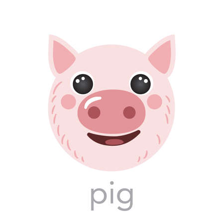 Pig Cute portrait with name text smile head cartoon round shape avatar pink animal face, isolated vector icon illustrations on white background. Flat simple hand drawn for kids poster, cards, t-shirtのイラスト素材