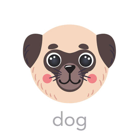 Cute dog pug portrait avatar with name text smile head cartoon round shape animal face, isolated vector icon illustrations on white. Flat simple hand drawn for kids poster, t-shirts, baby clothesのイラスト素材