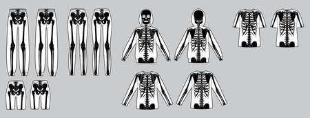 Set of Skeleton costume Human bones on shirts, pants front back view men women, boy, girl for Halloween, festivals, printing on clothes flat black color concept Vector illustration of anatomy isolatedのイラスト素材