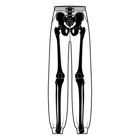 Skeleton costume on Sweatpants Human bones front view men women children for Halloween, festivals for printing on clothes flat black color concept Vector illustration of anatomy isolatedのイラスト素材